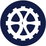 white circular Blues Engineering logo on a dark blue background