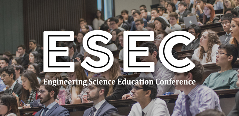 photo of students sitting in a lecture hall, with the white ESEC logo superimposed