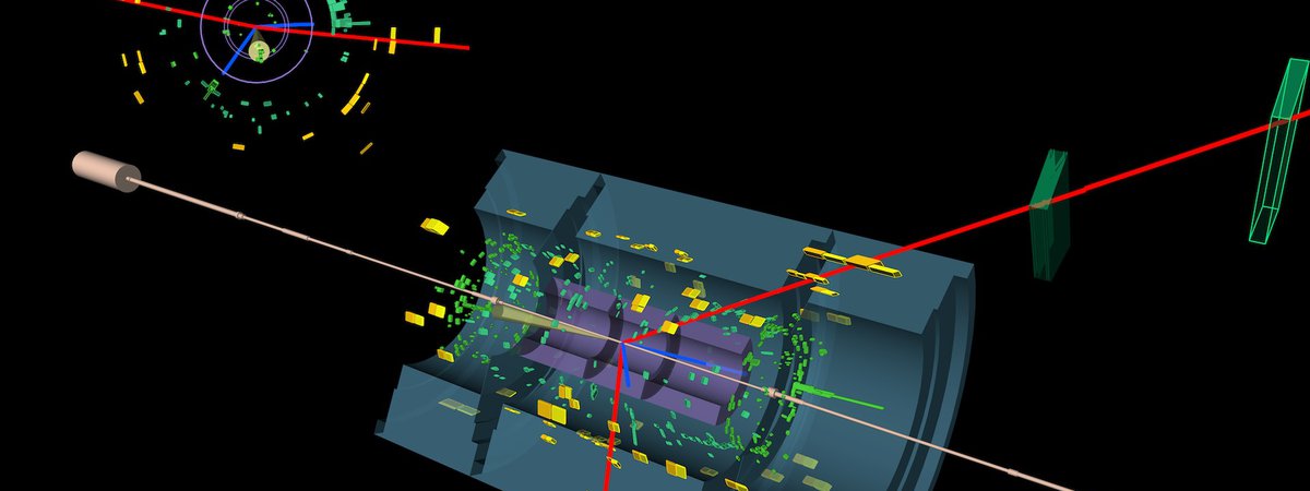 colourful 3D graphic showing the interior of the ATLAS particle physics experiement
