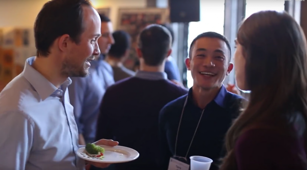 alumni and student mingling at a mentorship event at Hart House
