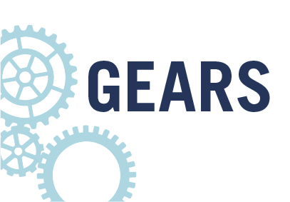 white background with three pale blue gears and the word GEARS in dark blue