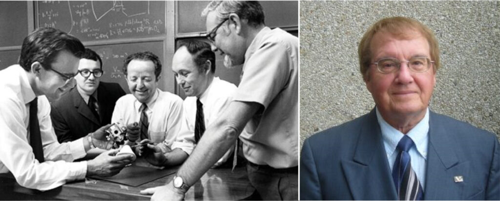 Two photos of Prof. Tennyson: on the left a black and white picture of the UTIAS team that helped the Apollo 13 mission gathered around a table in a classroom with chalkboard in the background; on the right a photo of Prof. Tennyson today.