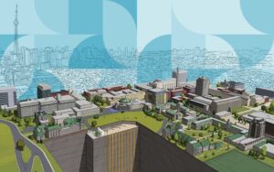 rendering showing aerial view of the front campus with cutaway showing geothermal exchange infrastucture of long vertical pipes in the ground