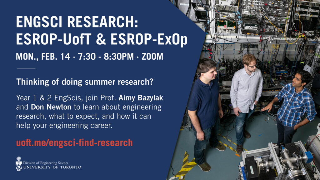 Event poster for EngSci Research: ESROP-UofT & ESROP-ExOp showing three male students in a lab, surrounded by large electronic equipment.
