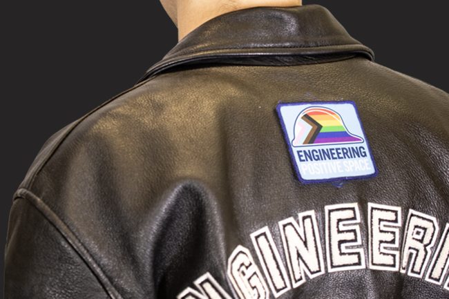 Engineering Positive Space patches are worn on many U of T Engineering jackets. A new campaign provides faculty, staff and students with even more materials to demonstrate their commitment to making U of T Engineering spaces inclusive and welcoming. (Photo: Adrian So)