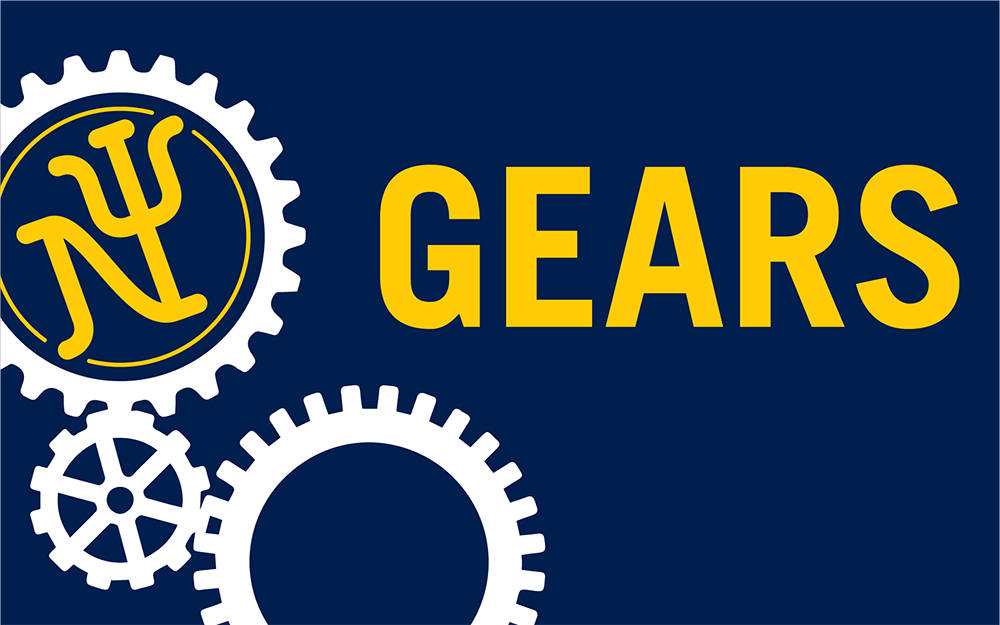 graphic of white interlocking gears on a dark blue background